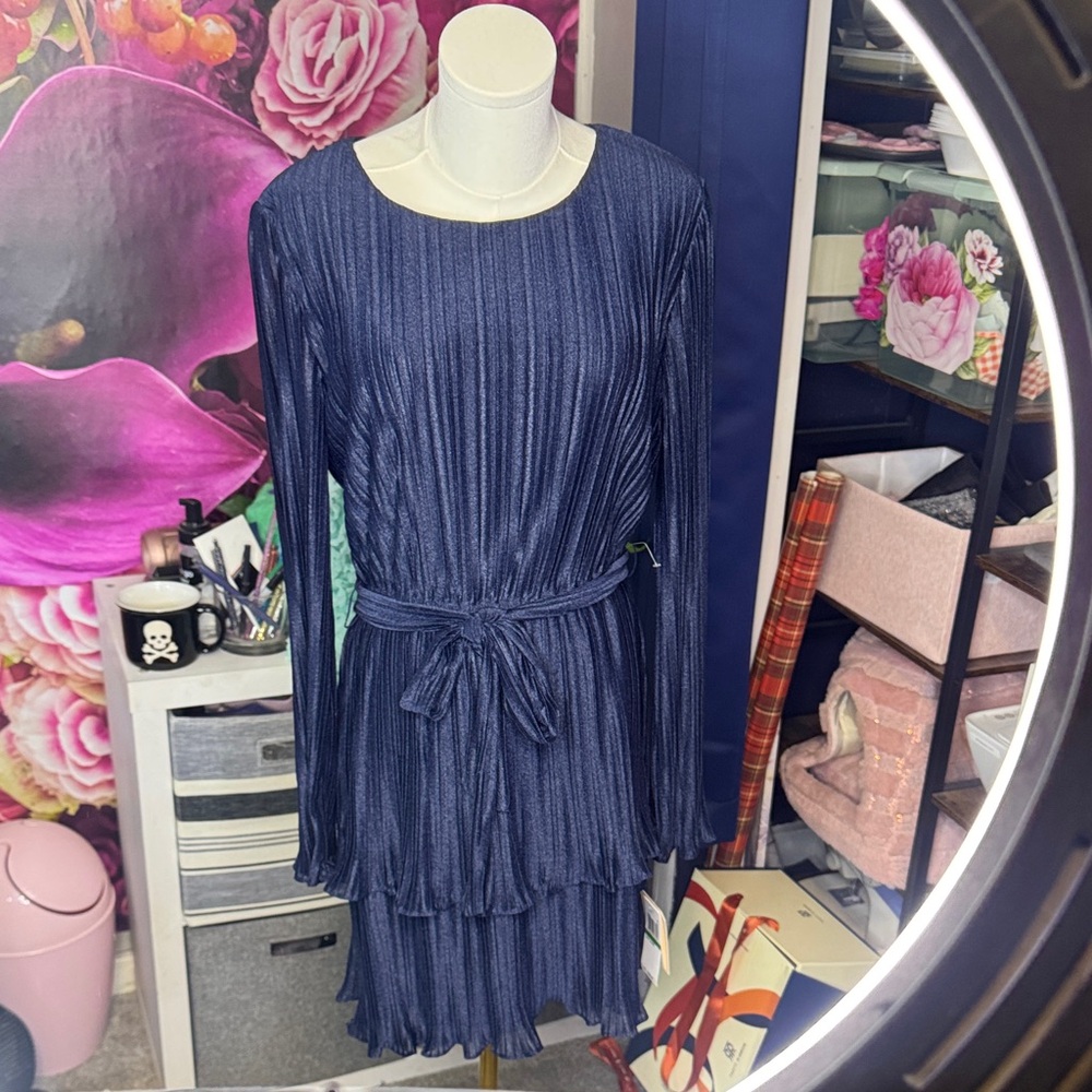 City Studio Navy Long-Sleeve Pleated Dress with Waist Tie